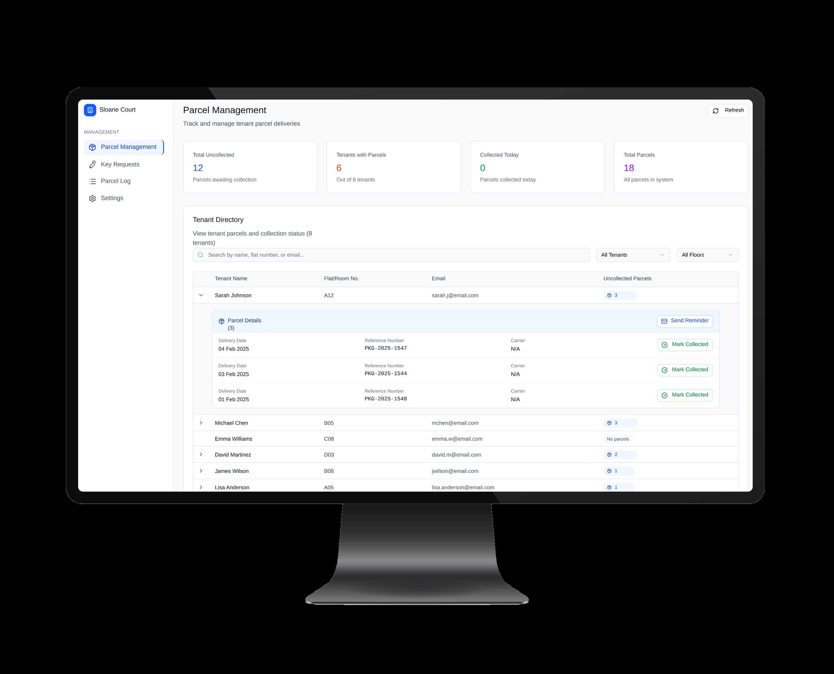 FPDPS web dashboard showing parcel and key management, tenant directory and item details